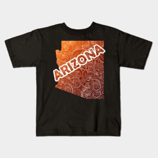 Colorful mandala art map of Arizona with text in brown and orange Kids T-Shirt